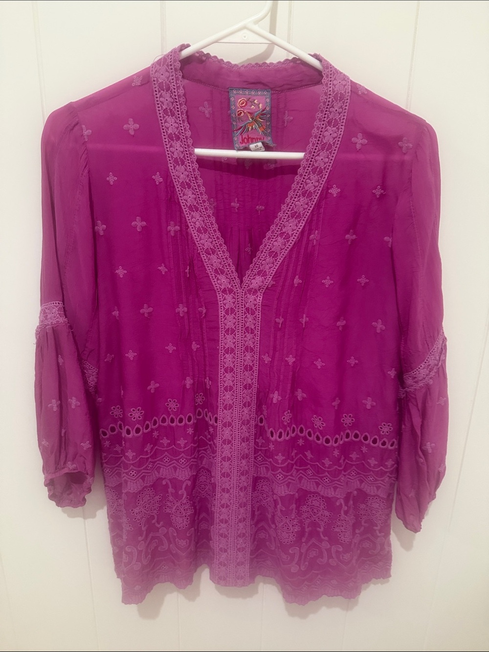 Johnny Was Magenta Embroidered V-Neck Tunic